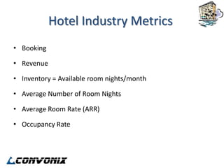 Hotel Industry Metrics
• Booking

• Revenue

• Inventory = Available room nights/month

• Average Number of Room Nights

• Average Room Rate (ARR)

• Occupancy Rate
 