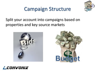 Campaign Structure
Split your account into campaigns based on
properties and key source markets
 