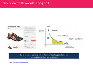 Selección de Keywords: Long Tail
La conversión del long tail suele ser más alta, pero tiene su
complejidad: el long tail e...