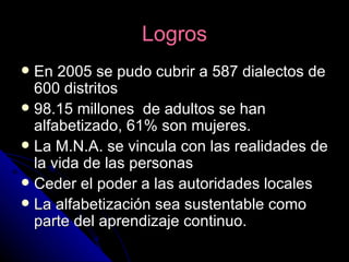 Logros En 2005 se pudo cubrir a 587 dialectos de 600 distritos 98.15 millones  de adultos se han alfabetizado, 61% son mujeres. La M.N.A. se vincula con las realidades de la vida de las personas Ceder el poder a las autoridades locales La alfabetización sea sustentable como parte del aprendizaje continuo. 