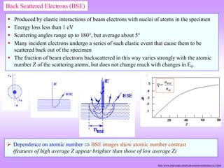  Produced by elastic interactions of beam electrons with nuclei of atoms in the specimen
 Energy loss less than 1 eV
 Scattering angles range up to 180°, but average about 5°
 Many incident electrons undergo a series of such elastic event that cause them to be
scattered back out of the specimen
 The fraction of beam electrons backscattered in this way varies strongly with the atomic
number Z of the scattering atoms, but does not change much with changes in E0.
http://www.emal.engin.umich.edu/courses/semlectures/se1.html
Back Scattered Electrons (BSE)
 Dependence on atomic number  BSE images show atomic number contrast
(features of high average Z appear brighter than those of low average Z)
 
nBSE
nIE
 