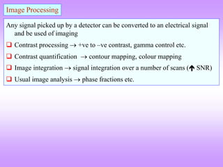 Any signal picked up by a detector can be converted to an electrical signal
and be used of imaging
 Contrast processing  +ve to –ve contrast, gamma control etc.
 Contrast quantification  contour mapping, colour mapping
 Image integration  signal integration over a number of scans ( SNR)
 Usual image analysis  phase fractions etc.
Image Processing
 