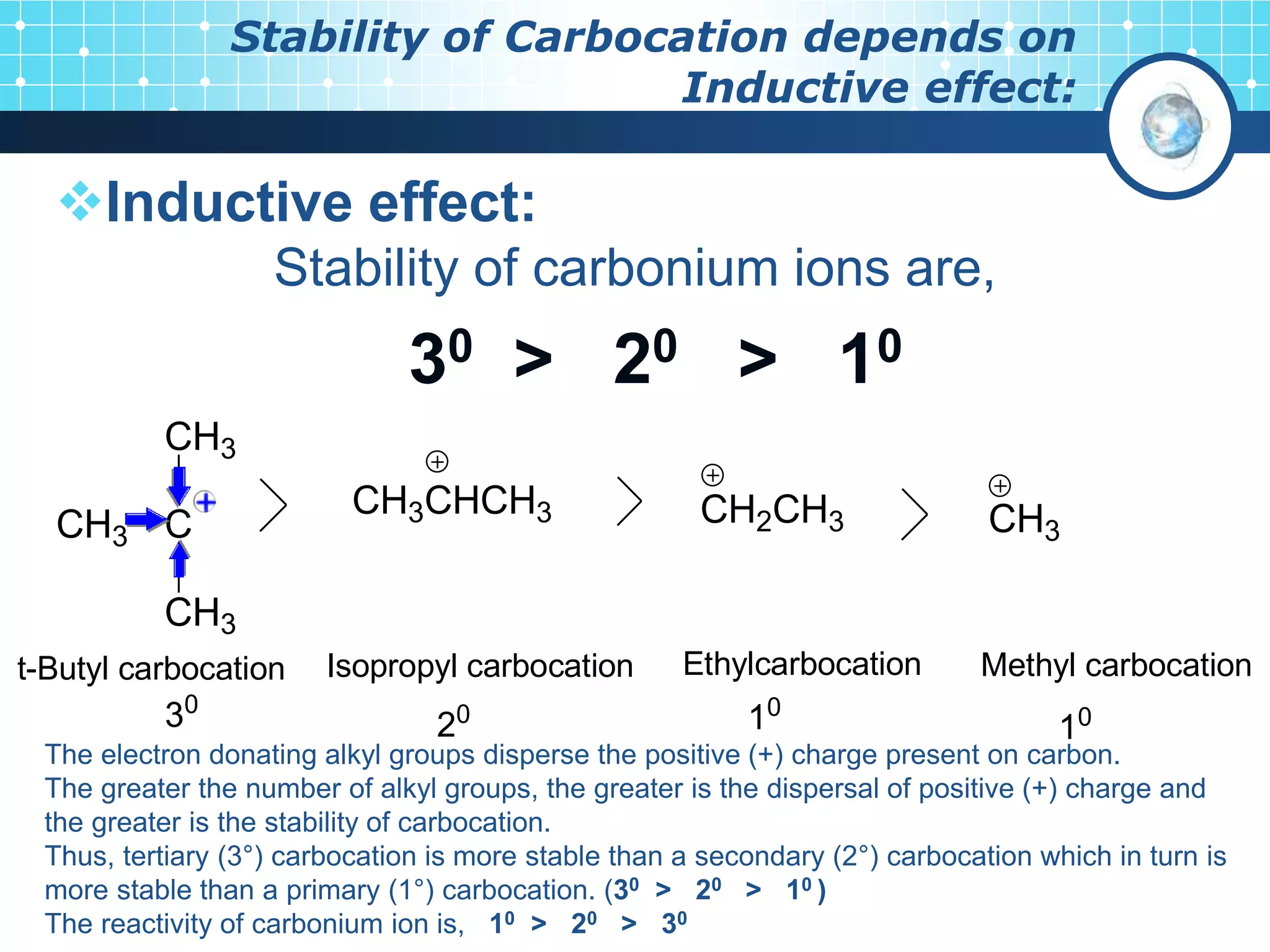 Stability of Carbocation depends on
Inductive effect:
Inductive effect:
Stability of carbonium ions are,
30 > 20 > 10
CH3
CH2CH3
CH3CHCH3
C
CH3
CH3
CH3
Methyl carbocation
Ethylcarbocation
Isopropyl carbocation
t-Butyl carbocation
30
20 10
10
The electron donating alkyl groups disperse the positive (+) charge present on carbon.
The greater the number of alkyl groups, the greater is the dispersal of positive (+) charge and
the greater is the stability of carbocation.
Thus, tertiary (3°) carbocation is more stable than a secondary (2°) carbocation which in turn is
more stable than a primary (1°) carbocation. (30 > 20 > 10 )
The reactivity of carbonium ion is, 10 > 20 > 30
 