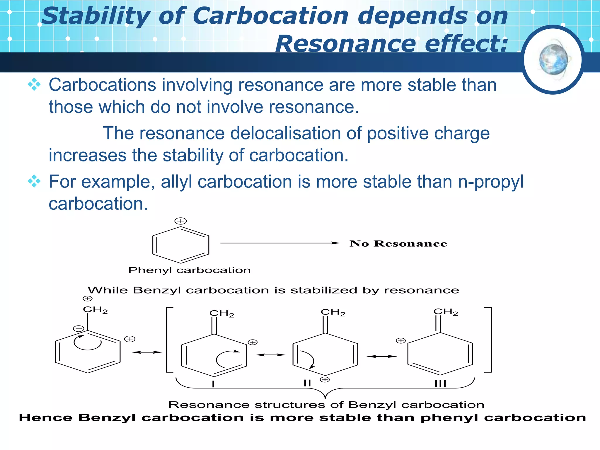 Stability of Carbocation depends on
Resonance effect:
 Carbocations involving resonance are more stable than
those which do not involve resonance.
The resonance delocalisation of positive charge
increases the stability of carbocation.
 For example, allyl carbocation is more stable than n-propyl
carbocation.
No Resonance
CH2 CH2 CH2 CH2
Phenyl carbocation
While Benzyl carbocation is stabilized by resonance
Resonance structures of Benzyl carbocation
I II III
Hence Benzyl carbocation is more stable than phenyl carbocation
 