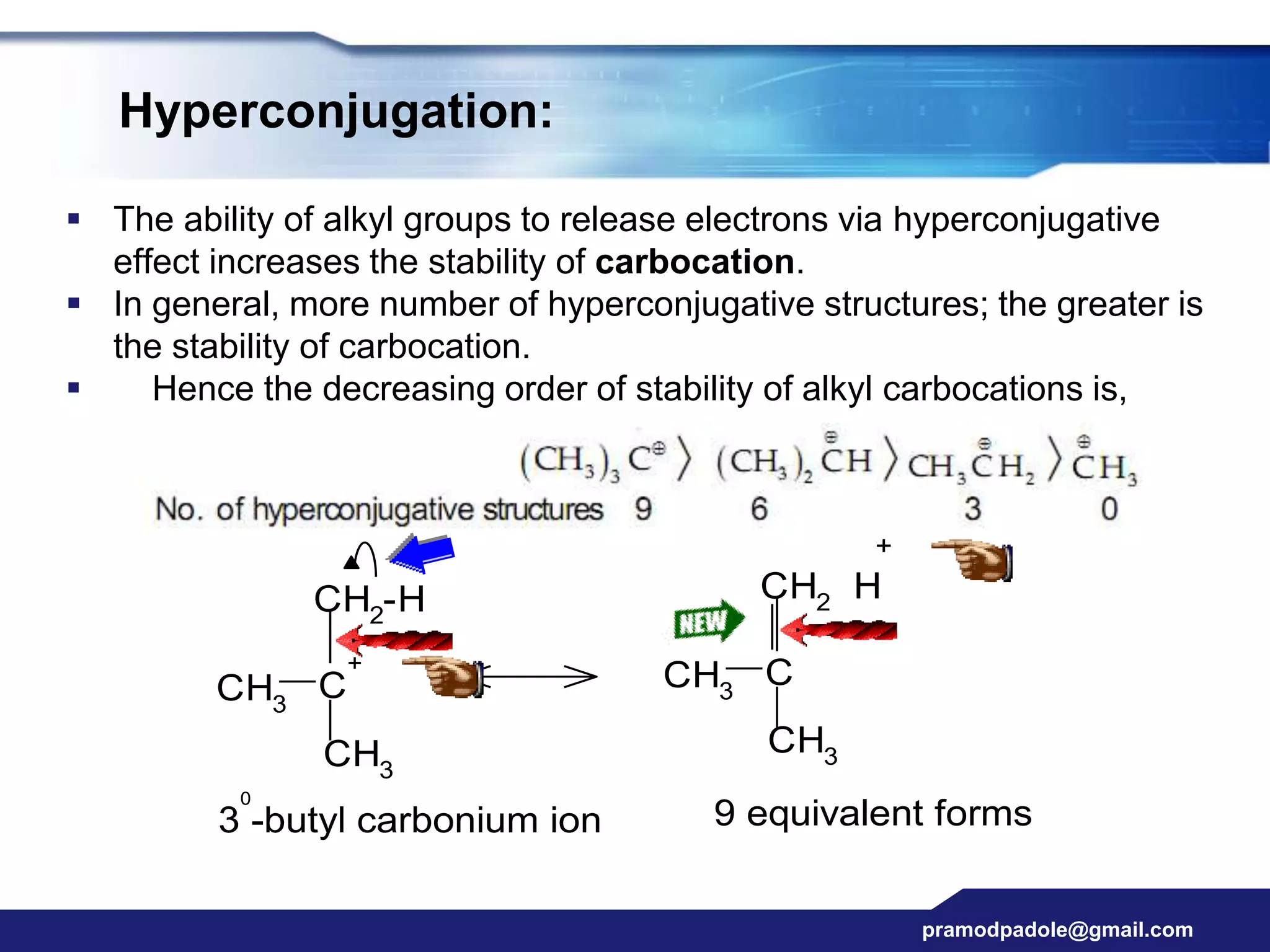 pramodpadole@gmail.com
Hyperconjugation:
 The ability of alkyl groups to release electrons via hyperconjugative
effect increases the stability of carbocation.
 In general, more number of hyperconjugative structures; the greater is
the stability of carbocation.
 Hence the decreasing order of stability of alkyl carbocations is,
C
CH2-H
CH3
CH3
C
CH2 H
CH3
CH3
+
+
3 -butyl carbonium ion
0
9 equivalent forms
 