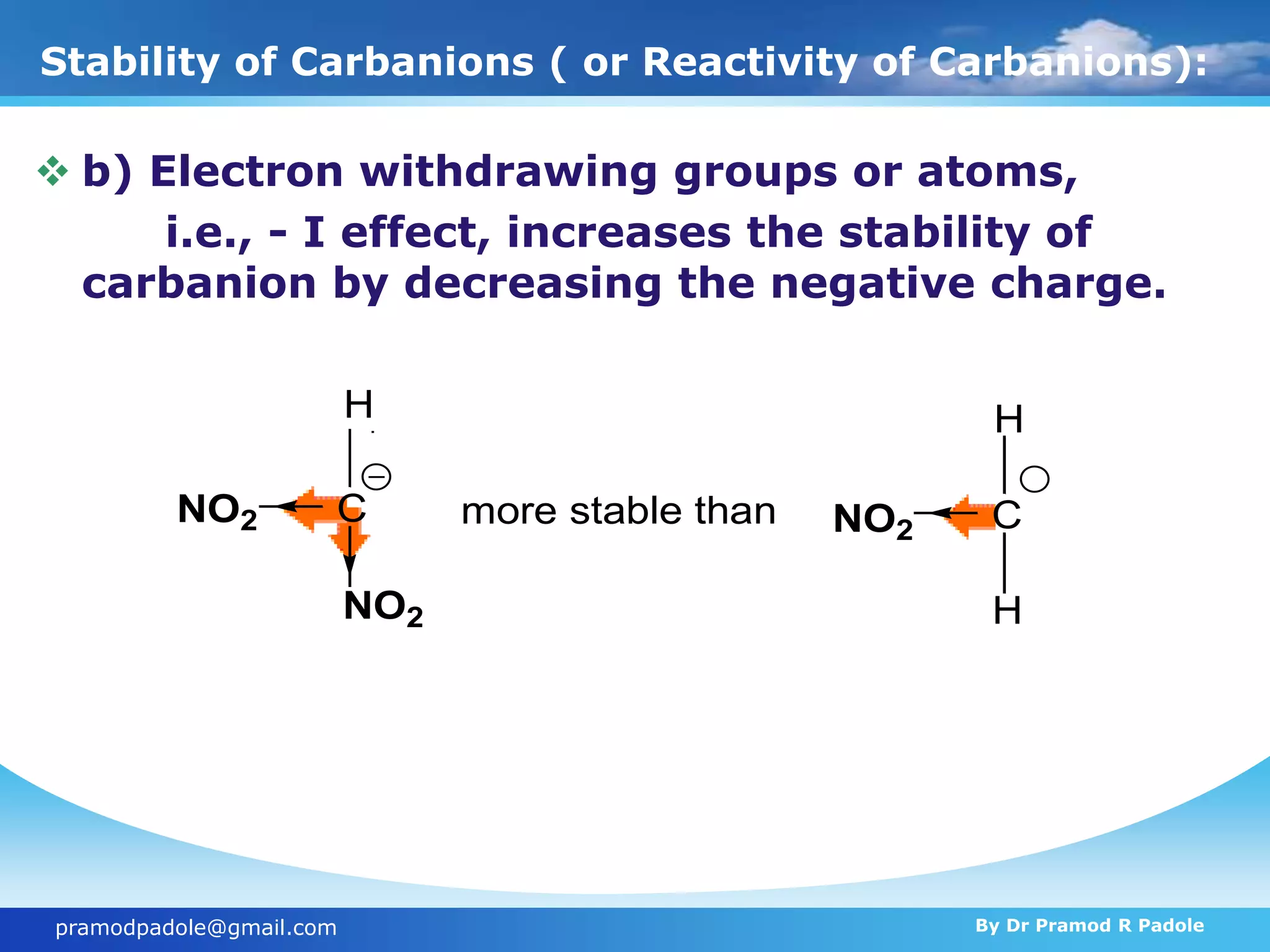 Stability of Carbanions ( or Reactivity of Carbanions):
 b) Electron withdrawing groups or atoms,
i.e., - I effect, increases the stability of
carbanion by decreasing the negative charge.
pramodpadole@gmail.com By Dr Pramod R Padole
C
H
NO2
NO2 C
H
NO2
H
more stable than
 