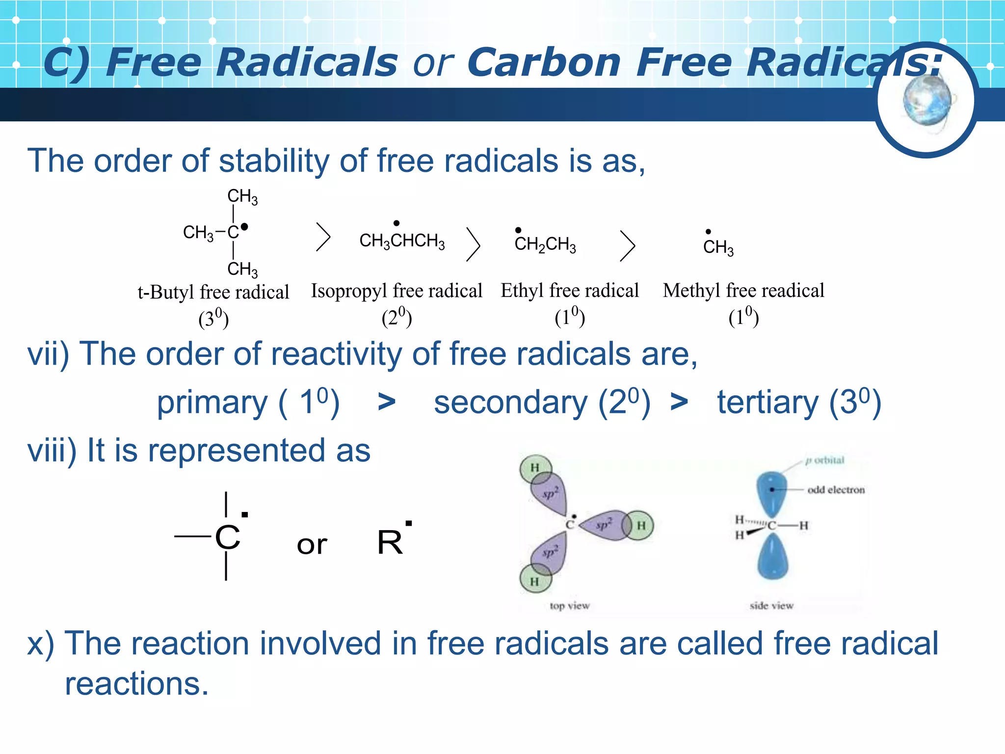 C) Free Radicals or Carbon Free Radicals:
The order of stability of free radicals is as,
vii) The order of reactivity of free radicals are,
primary ( 10) > secondary (20) > tertiary (30)
viii) It is represented as
x) The reaction involved in free radicals are called free radical
reactions.
CH3
CH2CH3
CH3CHCH3
C
CH3
CH3
CH3
Methyl free readical
(10
)
Ethyl free radical
(10
)
Isopropyl free radical
(20
)
t-Butyl free radical
(30
)
 