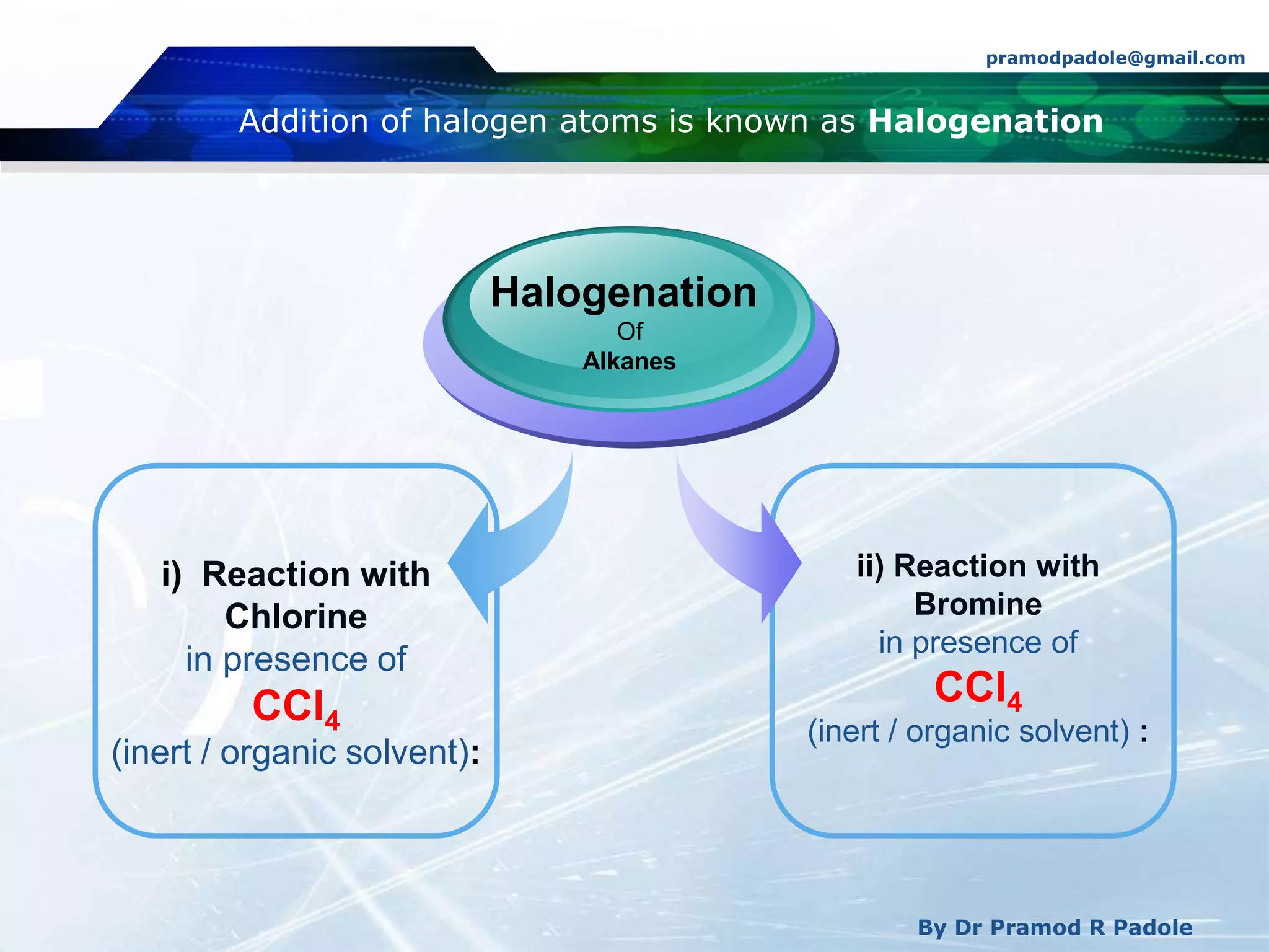 Addition of halogen atoms is known as Halogenation
pramodpadole@gmail.com
By Dr Pramod R Padole
i) Reaction with
Chlorine
in presence of
CCl4
(inert / organic solvent):
Halogenation
Of
Alkanes
ii) Reaction with
Bromine
in presence of
CCl4
(inert / organic solvent) :
 