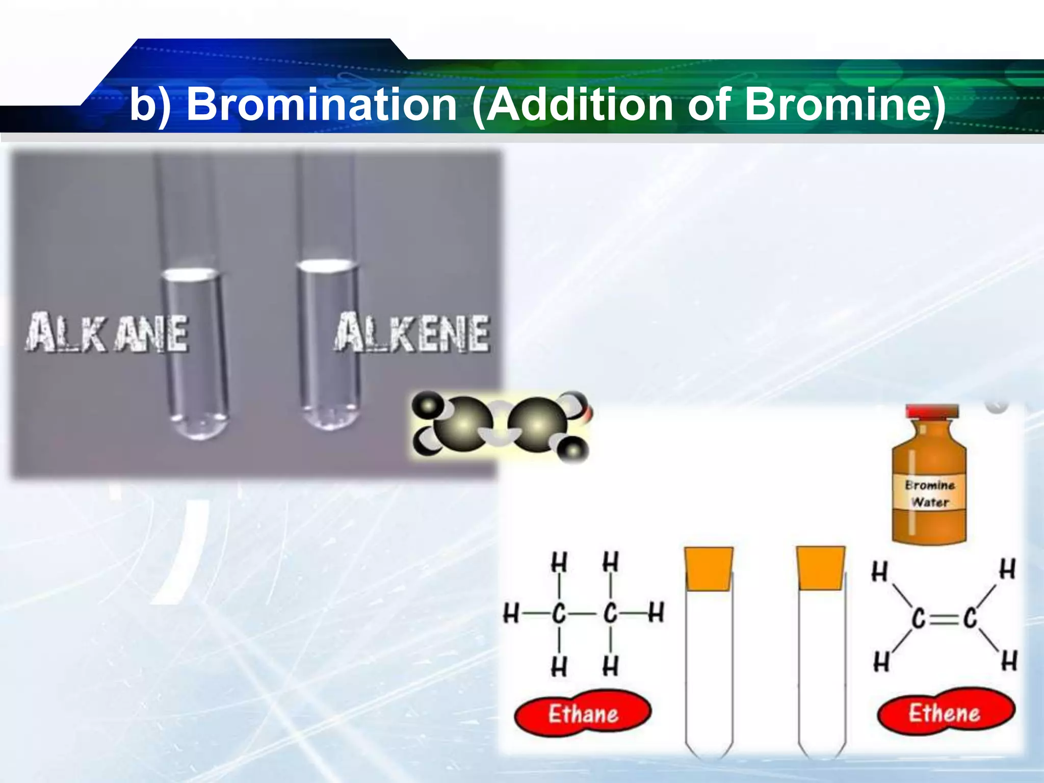 b) Bromination (Addition of Bromine)
 