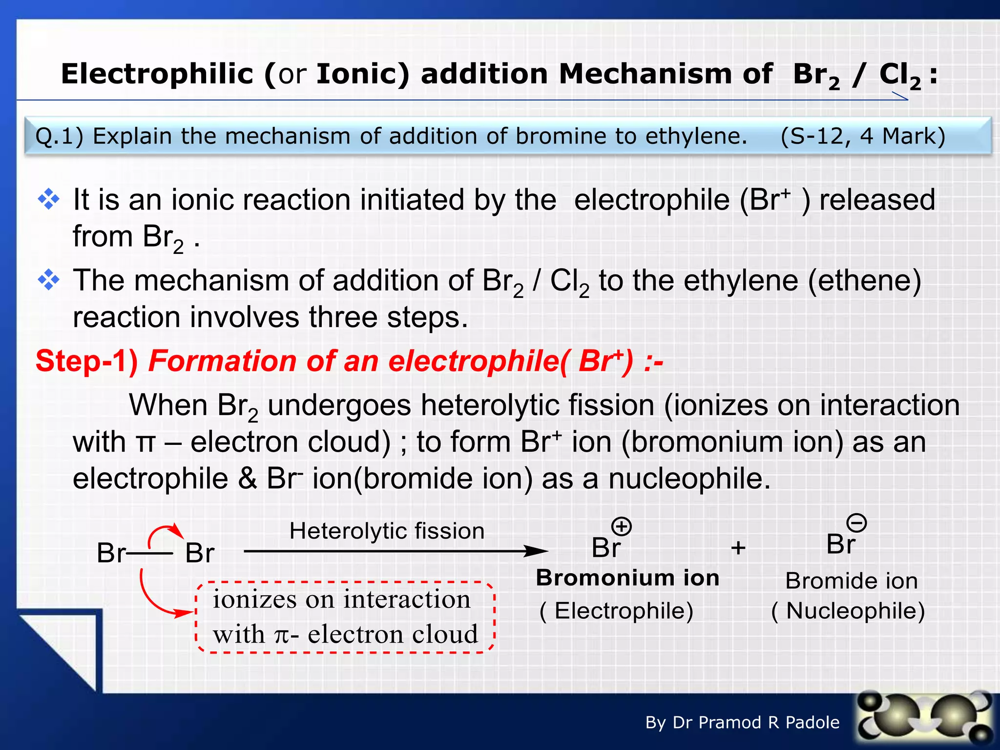 LOGO
By Dr Pramod R Padole
Electrophilic (or Ionic) addition Mechanism of Br2 / Cl2 :
 It is an ionic reaction initiated by the electrophile (Br+ ) released
from Br2 .
 The mechanism of addition of Br2 / Cl2 to the ethylene (ethene)
reaction involves three steps.
Step-1) Formation of an electrophile( Br+) :-
When Br2 undergoes heterolytic fission (ionizes on interaction
with π – electron cloud) ; to form Br+ ion (bromonium ion) as an
electrophile & Br- ion(bromide ion) as a nucleophile.
Q.1) Explain the mechanism of addition of bromine to ethylene. (S-12, 4 Mark)
 
