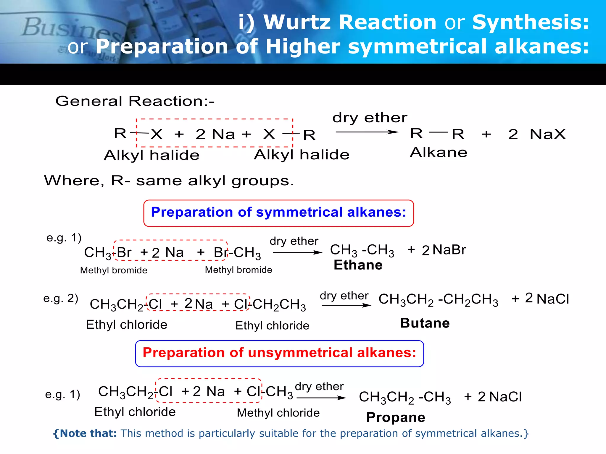 i) Wurtz Reaction or Synthesis:
or Preparation of Higher symmetrical alkanes:
{Note that: This method is particularly suitable for the preparation of symmetrical alkanes.}
 