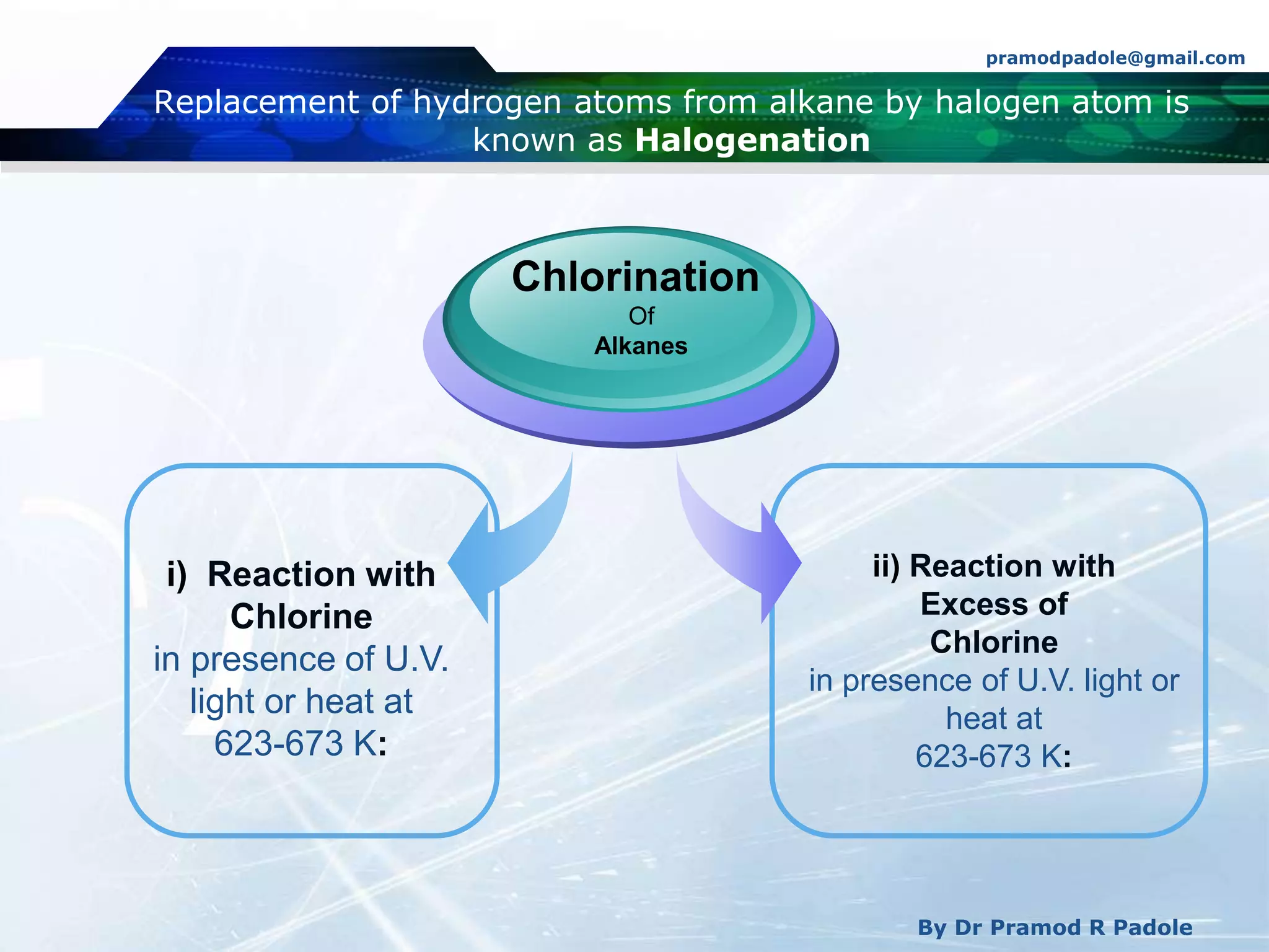 pramodpadole@gmail.com
By Dr Pramod R Padole
Replacement of hydrogen atoms from alkane by halogen atom is
known as Halogenation
i) Reaction with
Chlorine
in presence of U.V.
light or heat at
623-673 K:
Chlorination
Of
Alkanes
ii) Reaction with
Excess of
Chlorine
in presence of U.V. light or
heat at
623-673 K:
 
