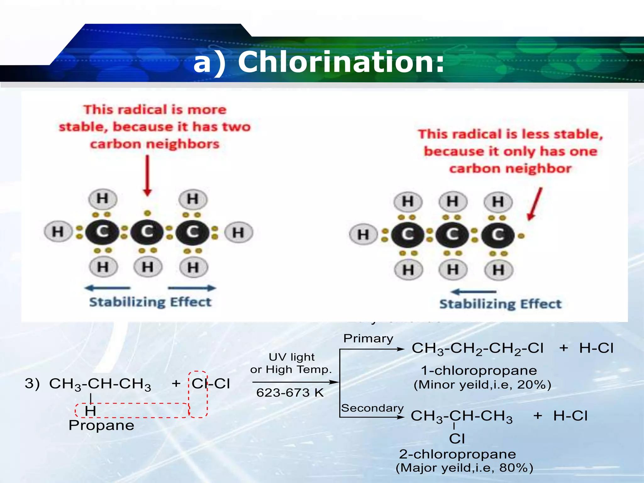 a) Chlorination:
1) Reaction with Chlorine:
 When alkane is treated or heated or reacted with chlorine in presence of UV
light or at high temperature (623-673 K); to form haloalkane.
Q.1) What happens when methane is treated with Cl2 in presence of U.V. light or heat at 623-673 K?
(W-06, W-11 & S-15, 2 Mark)
Q.2) Compete the following reaction: (W-17, 2 Mark)
Q.3) How will you prepare Ethyl chloride from Ethane? (S-19, 2 Mark)
 