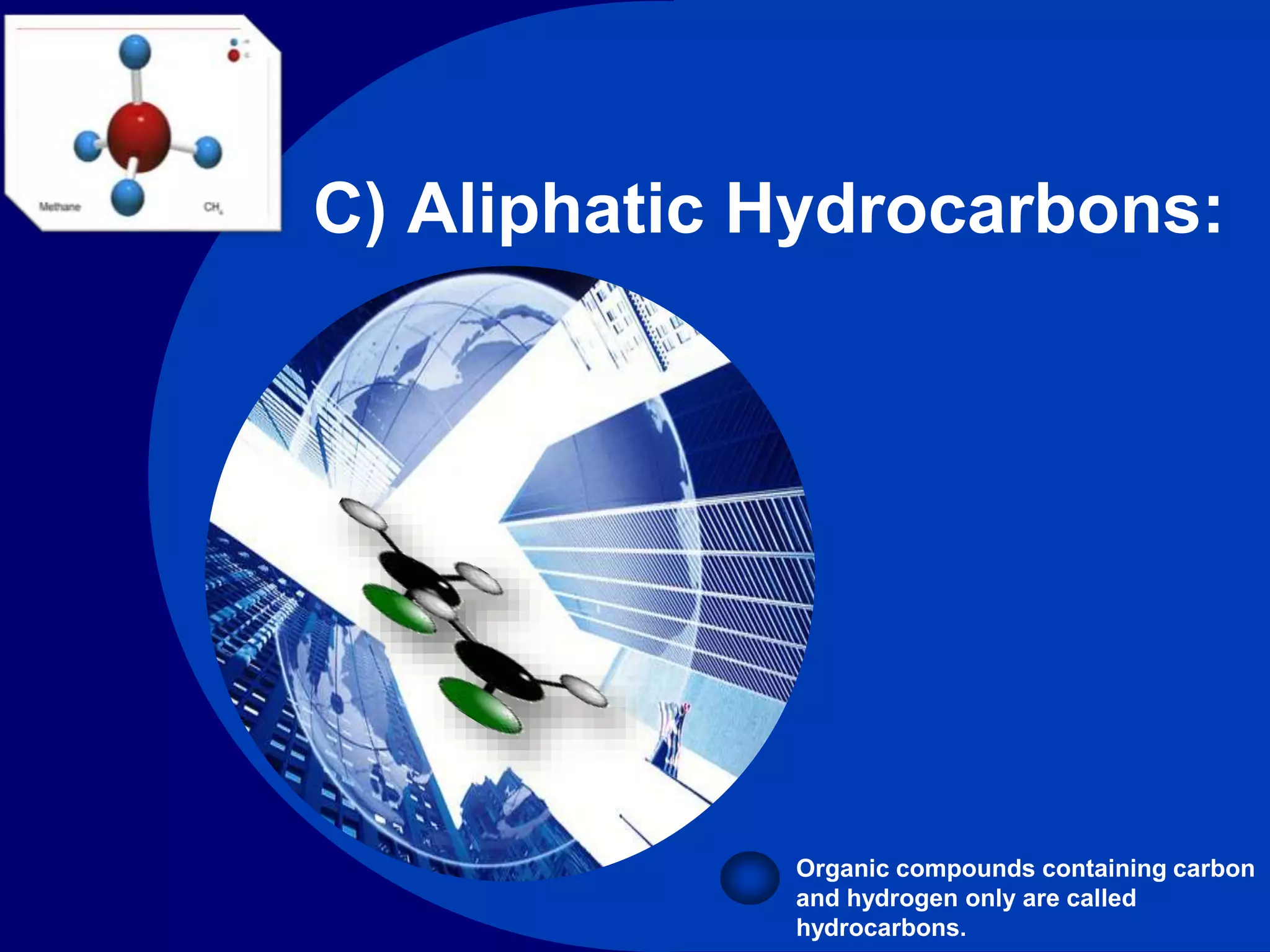 Company
LOGO
C) Aliphatic Hydrocarbons:
Organic compounds containing carbon
and hydrogen only are called
hydrocarbons.
 