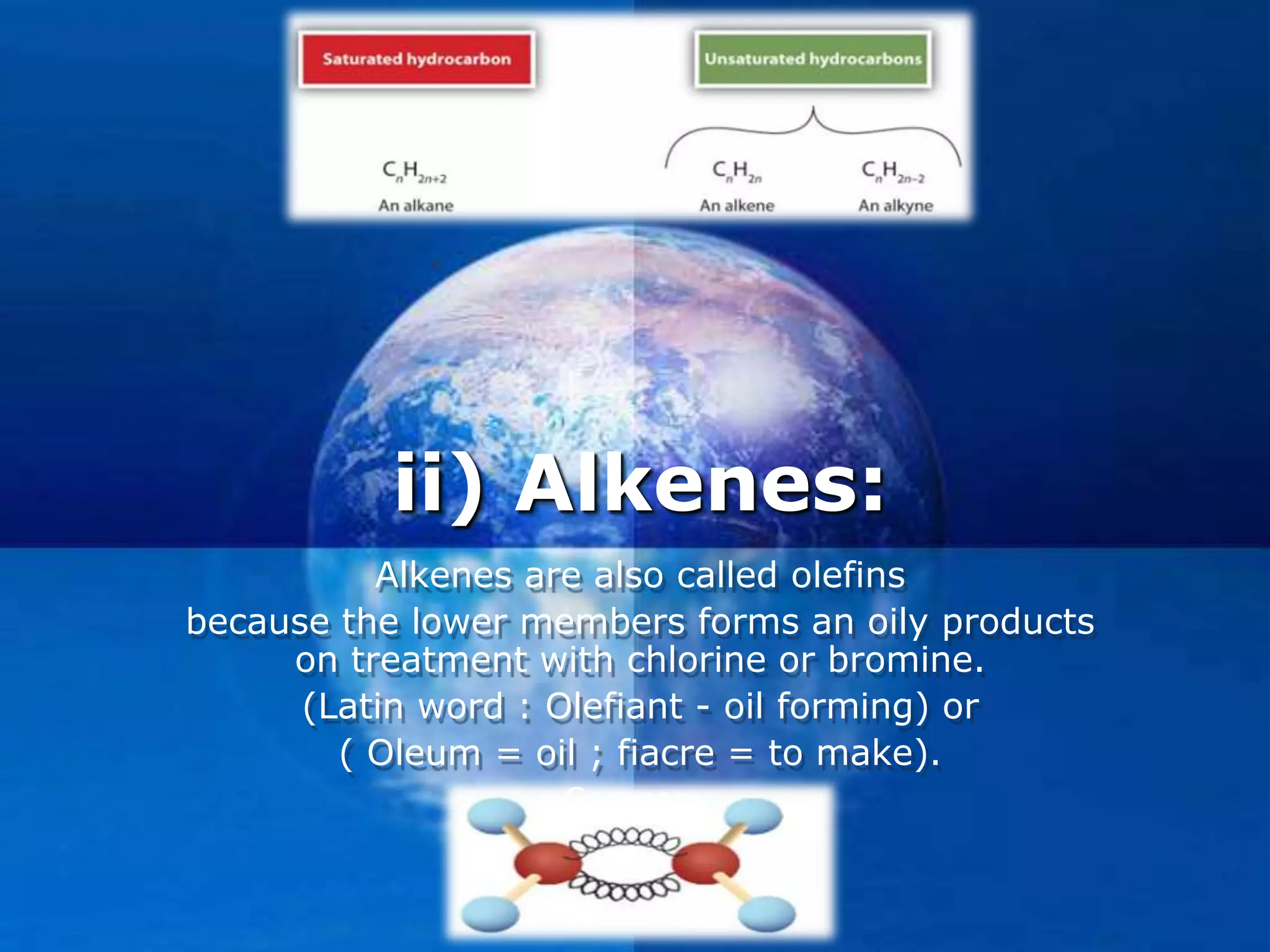 Company
LOGO
ii) Alkenes:
Alkenes are also called olefins
because the lower members forms an oily products
on treatment with chlorine or bromine.
(Latin word : Olefiant - oil forming) or
( Oleum = oil ; fiacre = to make).
 