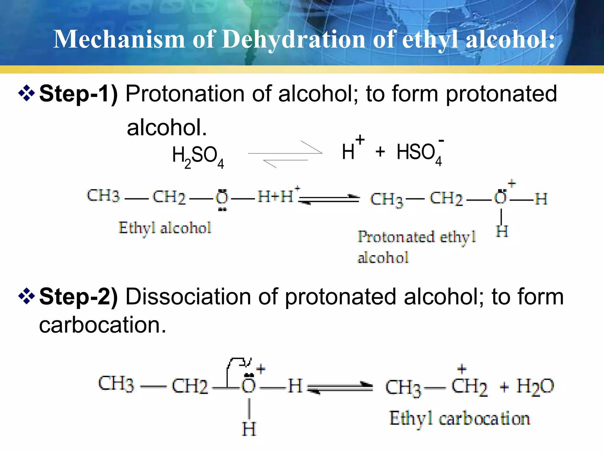 Mechanism of Dehydration of ethyl alcohol:
Step-1) Protonation of alcohol; to form protonated
alcohol.
Step-2) Dissociation of protonated alcohol; to form
carbocation.
H2
SO4
H + HSO4
+ -
 