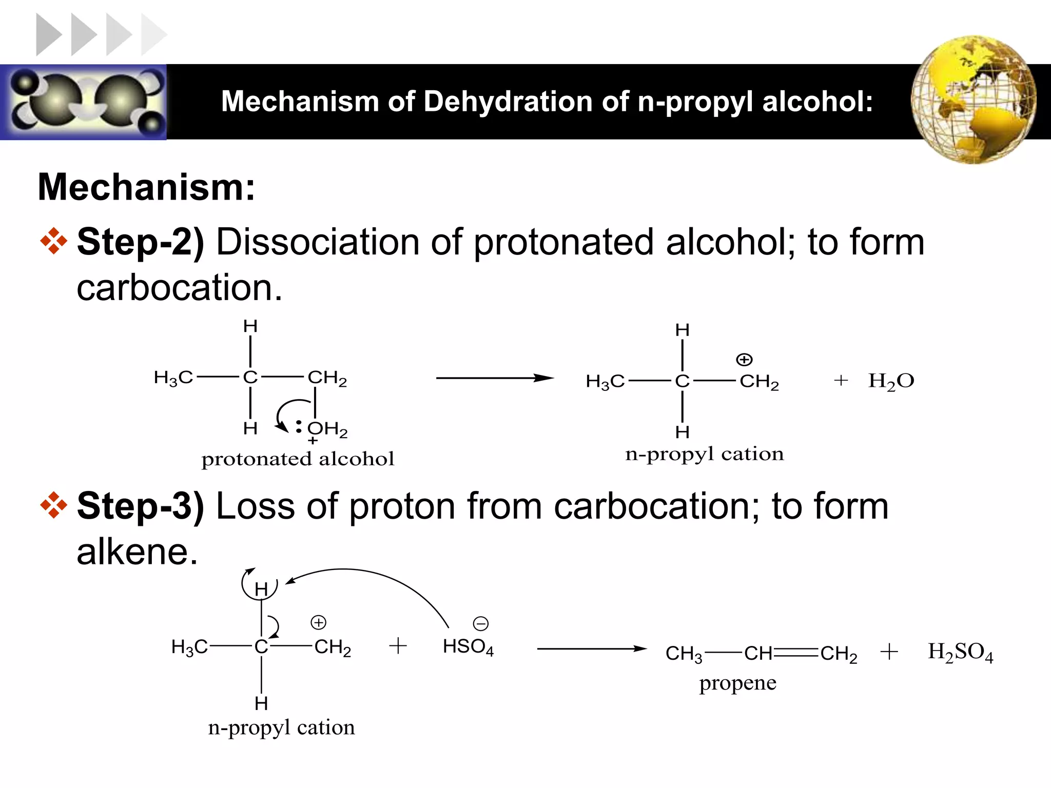 LOGO Mechanism of Dehydration of n-propyl alcohol:
Mechanism:
Step-2) Dissociation of protonated alcohol; to form
carbocation.
Step-3) Loss of proton from carbocation; to form
alkene.
C CH2
H3C
H
H
OH2
protonated alcohol
C CH2
H3C
H
H
+ H2O
n-propyl cation
C CH2
H3C
H
H
n-propyl cation
HSO4 CH3 CH CH2 H2SO4
propene
 