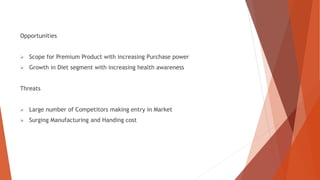 Opportunities
 Scope for Premium Product with increasing Purchase power
 Growth in Diet segment with increasing health awareness
Threats
 Large number of Competitors making entry in Market
 Surging Manufacturing and Handing cost
 