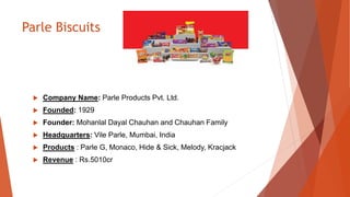 Parle Biscuits
 Company Name: Parle Products Pvt. Ltd.
 Founded: 1929
 Founder: Mohanlal Dayal Chauhan and Chauhan Family
 Headquarters: Vile Parle, Mumbai, India
 Products : Parle G, Monaco, Hide & Sick, Melody, Kracjack
 Revenue : Rs.5010cr
 