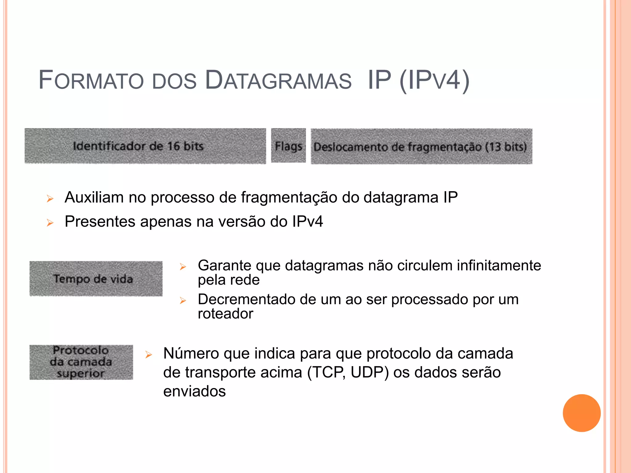 FORMATO DOS DATAGRAMAS IP (IPV4)
 Auxiliam no processo de fragmentação do datagrama IP
 Presentes apenas na versão do IPv4
 Garante que datagramas não circulem infinitamente
pela rede
 Decrementado de um ao ser processado por um
roteador
 Número que indica para que protocolo da camada
de transporte acima (TCP, UDP) os dados serão
enviados
 
