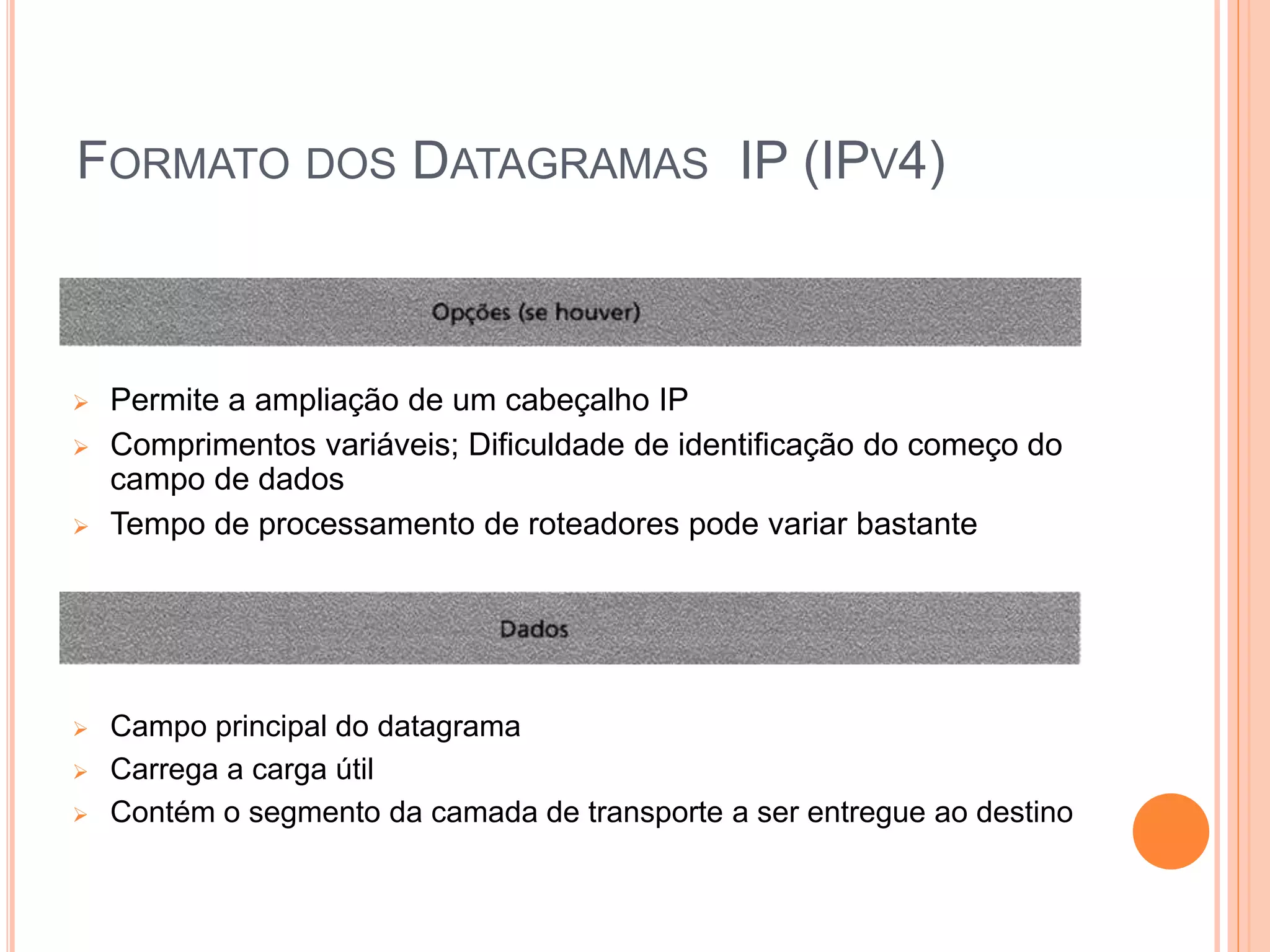 FORMATO DOS DATAGRAMAS IP (IPV4)
 Permite a ampliação de um cabeçalho IP
 Comprimentos variáveis; Dificuldade de identificação do começo do
campo de dados
 Tempo de processamento de roteadores pode variar bastante
 Campo principal do datagrama
 Carrega a carga útil
 Contém o segmento da camada de transporte a ser entregue ao destino
 