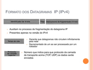 FORMATO DOS DATAGRAMAS IP (IPV4)
 Auxiliam no processo de fragmentação do datagrama IP
 Presentes apenas na versão do IPv4
 Garante que datagramas não circulem infinitamente
pela rede
 Decrementado de um ao ser processado por um
roteador
 Número que indica para que protocolo da camada
de transporte acima (TCP, UDP) os dados serão
enviados
 