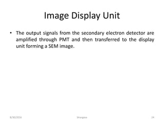 Image Display Unit
• The output signals from the secondary electron detector are
amplified through PMT and then transferred to the display
unit forming a SEM image.
8/30/2016 bhargava 24
 