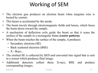 Working of SEM
• The electron gun produces an electron beam when tungsten wire is
heated by current.
• This beam is accelerated by the anode.
• The beam travels through electromagnetic fields and lenses, which focus
the beam down toward the sample.
• A mechanism of deflection coils guide the beam so that it scans the
surface of the sample in a rectangular frame (raster pattern).
• When the beam touches the surface of the sample, it produces:
– Secondary electrons (SE)
– Back scattered electrons (BSE)
– X - Rays...
• The emitted SE is collected by SED and converted into signal that is sent
to a screen which produces final image.
• Additional detectors collect these X-rays, BSE and produce
corresponding images.
8/30/2016 bhargava 27
 