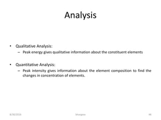 Analysis
• Qualitative Analysis:
– Peak energy gives qualitative information about the constituent elements
• Quantitative Analysis:
– Peak intensity gives information about the element composition to find the
changes in concentration of elements.
8/30/2016 bhargava 48
 