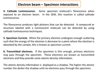 Electron beam – Specimen interactions
4. Cathode Luminescence. Some specimen molecule's florescence when
exposed to an electron beam. In the SEM, this reaction is called cathode
luminescence.
The florescence produces light photons that can be detected. A compound or
structure labeled with a luminescent molecule can be detected by using
cathode luminescence techniques.
5. Specimen Current. When the primary electron undergoes enough scattering
such that the energy of the electron is decrease to a point where the electron is
absorbed by the sample, this is known as specimen current.
6. Transmitted electrons. If the specimen is thin enough, primary electrons
may pass through the specimen. These electrons are known as transmitted
electrons and they provide some atomic density information.
The atomic density information is displayed as a shadow. The higher the atomic
number the darker the shadow until no electrons pass through the specimen.
 