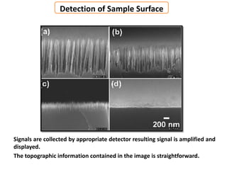 Signals are collected by appropriate detector resulting signal is amplified and
displayed.
The topographic information contained in the image is straightforward.
Detection of Sample Surface
 