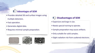 • Provides detailed 3D and surface images using
mul
ti
ple detectors.
• Fast opera
ti
on.
• Generates digital data.
• Requires minimal sample prepara
ti
on.
Advantages of SEM
• Expensive and large in size.
• Needs special training to operate.
• Sample prepara
ti
on may cause ar
ti
facts.
• Only suitable for solid samples.
• Slight radia
ti
on risk from sca
tt
ered electrons.
Disadvantages of SEM
 