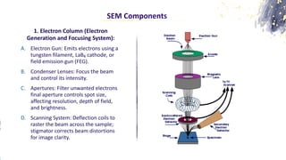 SEM Components
1. Electron Column (Electron
Generation and Focusing System):
A. Electron Gun: Emits electrons using a
tungsten filament, LaB₆ cathode, or
field emission gun (FEG).
B. Condenser Lenses: Focus the beam
and control its intensity.
C. Apertures: Filter unwanted electrons
final aperture controls spot size,
affecting resolution, depth of field,
and brightness.
D. Scanning System: Deflection coils to
raster the beam across the sample;
stigmator corrects beam distortions
for image clarity.
 