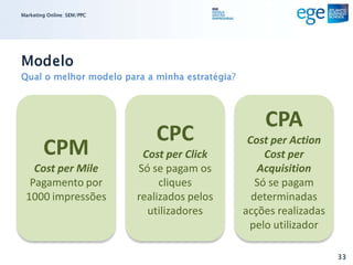 Marketing Online: SEM/PPC




Modelo
Qual o melhor modelo para a minha estratégia?



                                                    CPA
                                CPC
        CPM                  Cost per Click
                                                 Cost per Action
                                                     Cost per
   Cost per Mile            Só se pagam os         Acquisition
  Pagamento por                  cliques           Só se pagam
 1000 impressões            realizados pelos      determinadas
                              utilizadores      acções realizadas
                                                 pelo utilizador

                                                                    33
 