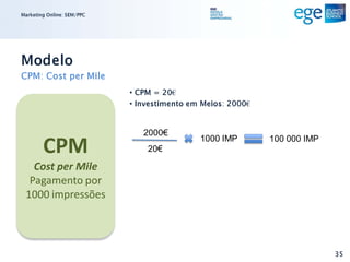 Marketing Online: SEM/PPC




Modelo
CPM: Cost per Mile
                            • CPM = 20€
                            • Investimento em Meios: 2000€


                               2000€
        CPM                     20€
                                             1000 IMP        100 000 IMP


   Cost per Mile
  Pagamento por
 1000 impressões




                                                                           35
 