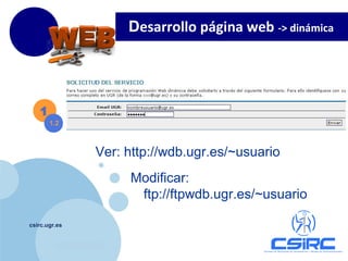 www.company.com
csirc.ugr.es
1
1.2
Ver: http://wdb.ugr.es/~usuario
Modificar:
ftp://ftpwdb.ugr.es/~usuario
Desarrollo página web -> dinámica
 