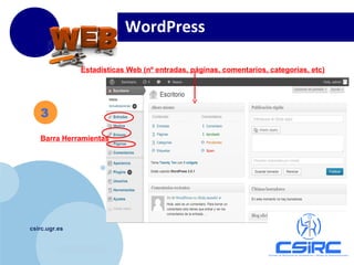 www.company.com
csirc.ugr.es
Barra Herramientas
Estadísticas Web (nº entradas, páginas, comentarios, categorías, etc)
WordPress
3
 