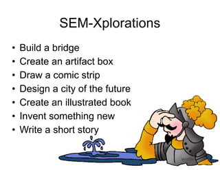 SEM-Xplorations
• Build a bridge
• Create an artifact box
• Draw a comic strip
• Design a city of the future
• Create an illustrated book
• Invent something new
• Write a short story
 