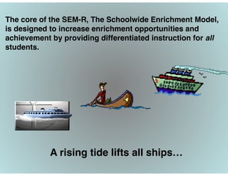 A rising tide lifts all ships…!
The core of the SEM-R, The Schoolwide Enrichment Model,
is designed to increase enrichment opportunities and
achievement by providing differentiated instruction for all
students. 
 