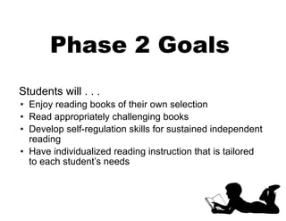 Students will . . .
• Enjoy reading books of their own selection
• Read appropriately challenging books
• Develop self-regulation skills for sustained independent
reading
• Have individualized reading instruction that is tailored
to each student’s needs
Phase 2 Goals
 