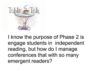 !
I know the purpose of Phase 2 is
engage students in independent
reading, but how do I manage
conferences that with so many
emergent readers?
 