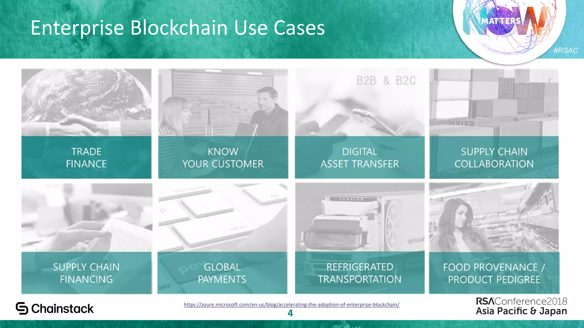 #RSAC
Enterprise Blockchain Use Cases
4
https://azure.microsoft.com/en-us/blog/accelerating-the-adoption-of-enterprise-blockchain/
 