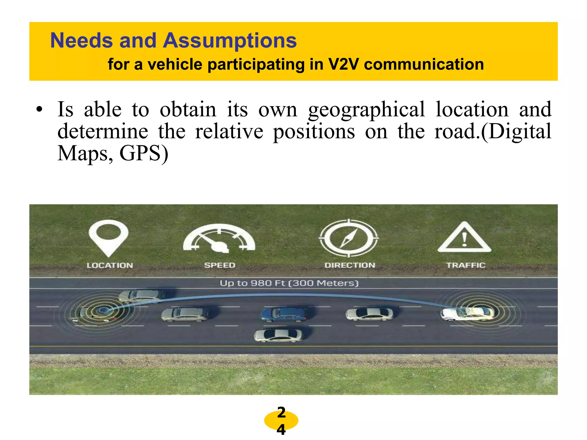 2
4
for a vehicle participating in V2V communication
• Is able to obtain its own geographical location and
determine the relative positions on the road.(Digital
Maps, GPS)
Needs and Assumptions
 