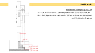 ‫اﻟﻘواﻋد‬
‫اﻟﻣﻧﻔﺻﻠﺔ‬
‫ﺷداد‬ ‫ﻣﻊ‬ ‫اﻟﺟﺎر‬ ‫ﻗﺎﻋدة‬
Strap beam in Footing
‫وھﻲ‬
‫ﻗﺎﻋدة‬
‫ﻣﺷﺗرﻛﺔ‬
‫او‬
‫ﻗﺎﻋدة‬
‫ﻣﻧﻔﺻﻠﺔ‬
‫ﻣرﺗﺑطﺔ‬
‫ﻣﻊ‬
‫ﻗﺎﻋدة‬
‫ﻣﺟﺎورة‬
‫ﺑﺎﺳﺗﺧدام‬
‫ﺷداد‬
‫ﻷﻧﮭﺎ‬
‫ﻓﻲ‬
‫طرف‬
‫ارض‬
‫اﻟﻣﺷروع‬
‫وﻻ‬
‫ﯾﻣﻛن‬
‫ﻋﻣل‬
‫اﻣﺗداد‬
‫ﻟﮭﺎ‬
‫ﻣن‬
‫ﻧﺎﺣﯾﺔ‬
‫اﻟﺟﺎر‬
‫وﻟذﻟك‬
‫ﯾﻛون‬
‫اﻟﻌﻣود‬
‫ﻓﯾﮭﺎ‬
‫ﻏﯾر‬
‫ﻣﺗﻣوﺿﻊ‬
‫ﻓﻲ‬
‫اﻟﻣرﻛز‬
،
‫وﻋﻠﯾﮫ‬
‫ﯾﺗم‬
‫رﺑطﮭﺎ‬
‫ﺑﺄﻗرب‬
‫ﻗﺎﻋدة‬
‫ﻟﻣﻘﺎوﻣﺔ‬
‫اﻻﻧﻘﻼب‬
‫ﻣﯾده‬
‫اﻟﻌﻣود‬
‫ﻣﺳﻠﺣﺔ‬ ‫ﻗﺎﻋدة‬
/
40
‫ﺳم‬
‫ﻋﺎدﯾﺔ‬ ‫ﻗﺎﻋدة‬
/
25
‫ﺳم‬
‫ﻧظﺎﻓﺔ‬ ‫ﻗﺎﻋدة‬
/
12
‫ﺳم‬
 