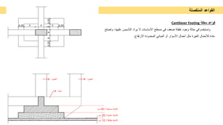 ‫اﻟﻘواﻋد‬
‫اﻟﻣﻧﻔﺻﻠﺔ‬
‫ﻣﻌﻠﻘﺔ‬ ‫ﻗواﻋد‬
Cantilever Footing
‫وﺗﺳﺗﺧدم‬
‫ﻓﻲ‬
‫ﺣﺎﻟﺔ‬
‫وﺟود‬
‫ﻧﻘطﺔ‬
‫ﺿﻌف‬
‫ﻓﻲ‬
‫ﻣﺳطﺢ‬
‫اﻷﺳﺎﺳﺎت‬
‫ﻻ‬
‫ﯾراد‬
‫اﻟﺗﺄﺳﯾس‬
‫ﻋﻠﯾﮭ‬
،‫ﺎ‬
‫وﺗﺻﻠﺢ‬
‫ﻋﺎدة‬
‫ﻟﻸﺣﻣﺎل‬
‫اﻟﻐﯾرة‬
‫ﻣﺛل‬
‫أﺣﻣﺎل‬
‫اﻷﺳوار‬
‫أو‬
‫اﻟﻣﺑﺎﻧﻲ‬
‫اﻟﻣﺣدودة‬
‫اﻻرﺗﻔﺎع‬
.
‫ﻣﯾده‬
‫اﻟﻌﻣود‬
‫اﻟﻌﻣود‬
‫ﻣﺳﻠﺣﺔ‬ ‫ﻗﺎﻋدة‬
/
40
‫ﺳم‬
‫ﻋﺎدﯾﺔ‬ ‫ﻗﺎﻋدة‬
/
25
‫ﺳم‬
‫ﻧظﺎﻓﺔ‬ ‫ﻗﺎﻋدة‬
/
12
‫ﺳم‬
 