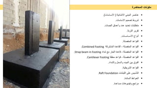 ‫ﻣﻛوﻧﺎت‬
‫اﻟﻣﺣﺎﺿرة‬

‫ﻋﻧﺎﺻر‬
‫اﻟﻣﺑﻧﻰ‬
‫اﻻﻧﺷﺎﺋﯾﺔ‬
)
‫اﻻﺳـﺎﺳﺎت‬
(
.

‫ﺷروط‬
‫ﺗﺻﻣﯾم‬
‫اﻻﺳﺎﺳﺎت‬
.

‫ﻣﺗطﻠﺑﺎت‬
‫ﺗﺣدﯾد‬
‫ﻋدد‬
‫وأﻋﻣﺎق‬
‫اﻟﺟﺳﺎت‬
.

‫ﺗﻘرﯾر‬
‫اﻟﺗرﺑﺔ‬
.

‫أﻧواع‬
‫اﻻﺳــﺎﺳــﺎت‬
.

‫اﻟﻘواﻋد‬
‫اﻟﻣﻧﻔﺻﻠﺔ‬
.

‫اﻟﻘواﻋد‬
‫اﻟﻣﻧﻔﺻﻠﺔ‬
-
‫اﻟﻘﺎﻋدة‬
‫اﻟﻣﺷﺗرﻛﺔ‬
Combined Footing
.

‫اﻟﻘواﻋد‬
‫اﻟﻣﻧﻔﺻﻠﺔ‬
-
‫ﻗﺎﻋدة‬
‫اﻟﺟﺎر‬
‫ﻣﻊ‬
‫ﺷداد‬
Strap beam in Footing
.

‫اﻟﻘواﻋد‬
‫اﻟﻣﻧﻔﺻﻠﺔ‬
-
‫ﻗواﻋد‬
‫ﻣﻌﻠﻘﺔ‬
Cantilever Footing
.

‫اﻟﻔرق‬
‫ﺑﯾن‬
‫اﻟﻣﯾده‬
‫واﻟﺳﻣل‬
‫واﻟﺷداد‬
.

‫اﻟﻘواﻋد‬
‫اﻟﺷرﯾطﯾﺔ‬
.

‫اﻟﺗﺄﺳﯾس‬
‫ﻋﻠﻰ‬
‫اﻟﻠﺑﺷﺎت‬
Raft Foundation
.

‫اﻟﺣواﺋط‬
‫اﻟﺳﺎﻧدة‬
.

‫ﻣراﺟﻊ‬
‫وﻓﯾدﯾوھﺎت‬
‫ﻣﺳﺎﻋدة‬
.
 