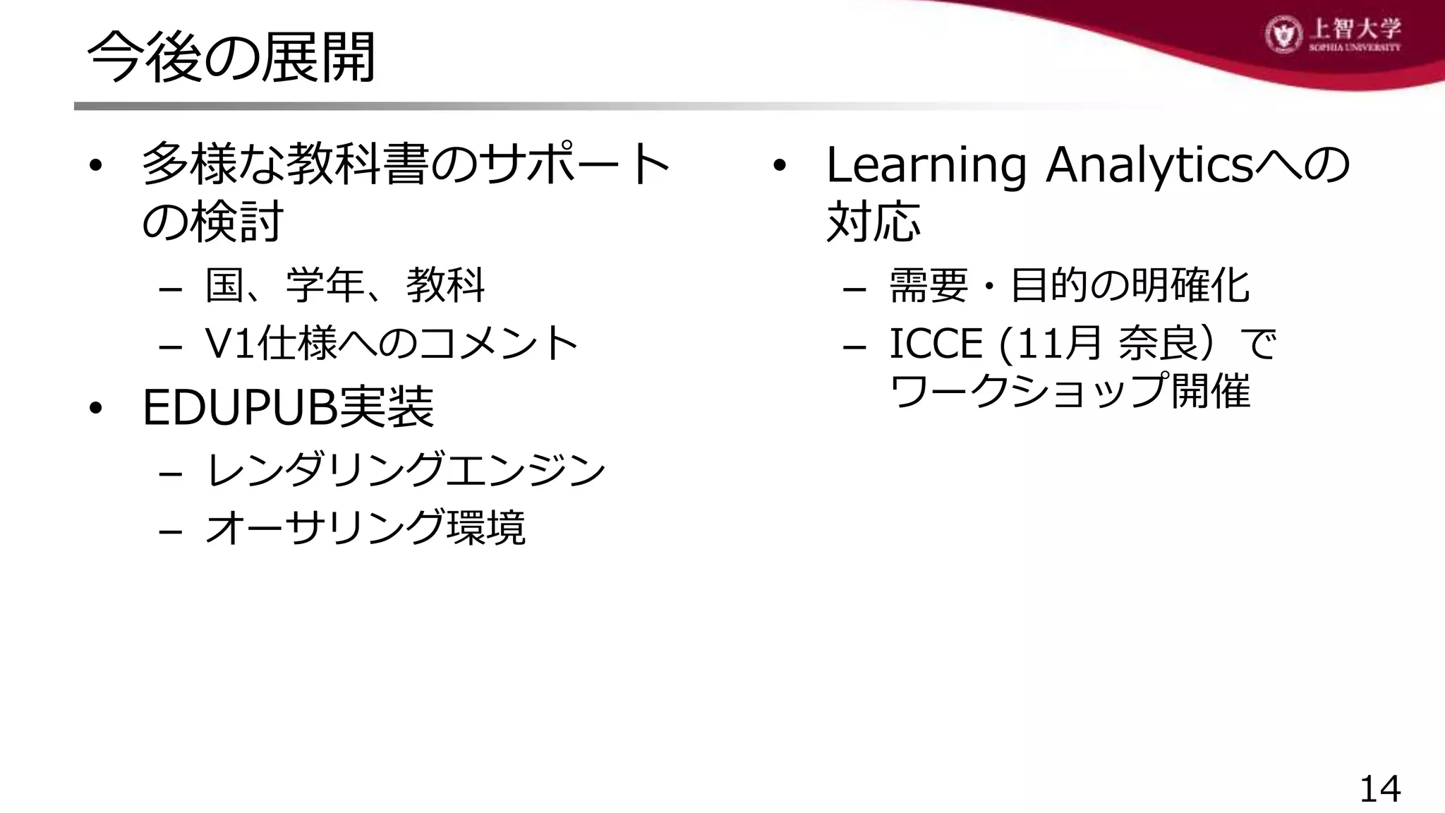 今後の展開
14
• 多様な教科書のサポート
の検討
– 国、学年、教科
– V1仕様へのコメント
• EDUPUB実装
– レンダリングエンジン
– オーサリング環境
• Learning Analyticsへの
対応
– 需要・目的の明確化
– ICCE (11月 奈良）で
ワークショップ開催
 