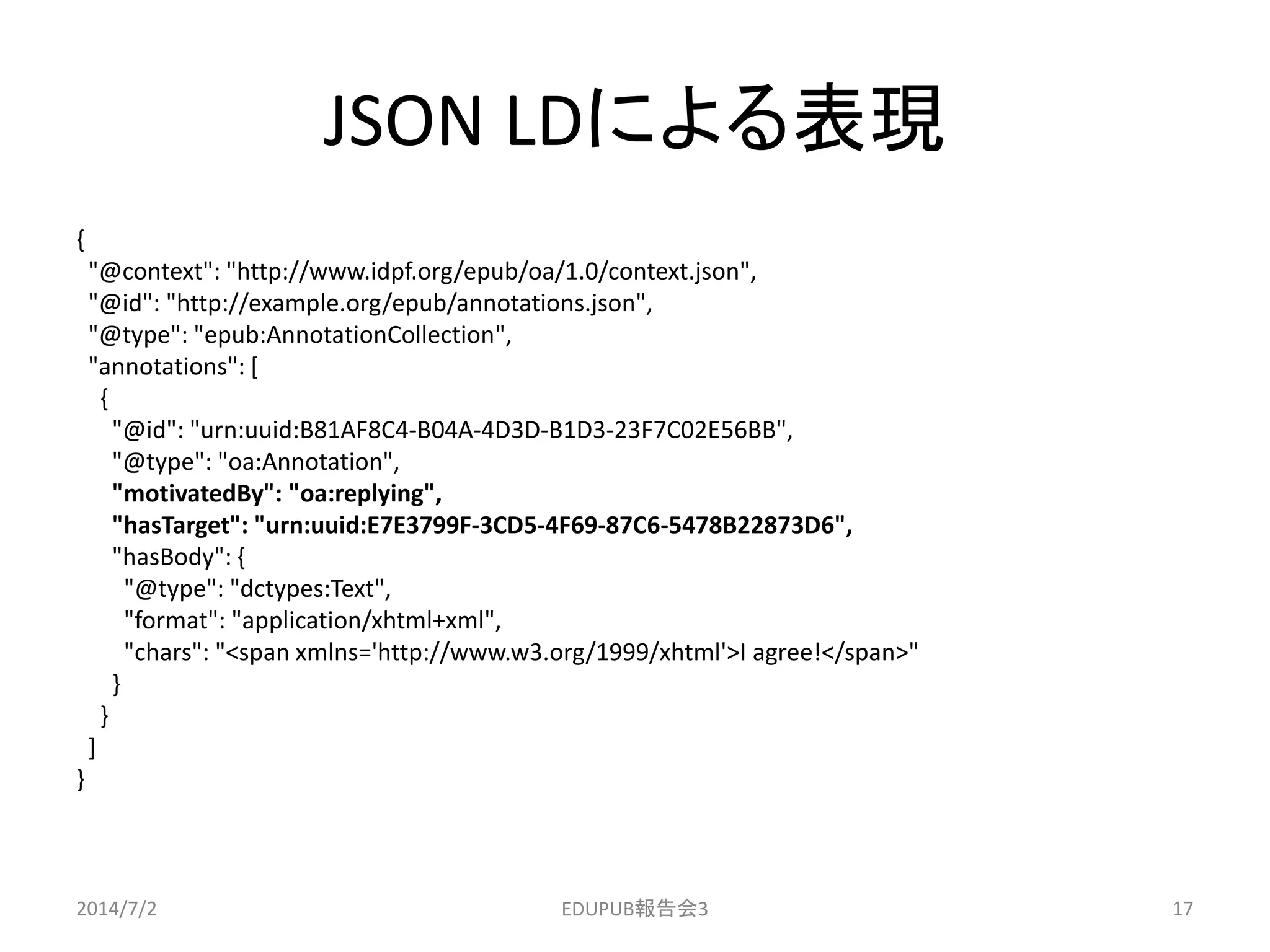 JSON LDによる表現
{
"@context": "http://www.idpf.org/epub/oa/1.0/context.json",
"@id": "http://example.org/epub/annotations.json",
"@type": "epub:AnnotationCollection",
"annotations": [
{
"@id": "urn:uuid:B81AF8C4-B04A-4D3D-B1D3-23F7C02E56BB",
"@type": "oa:Annotation",
"motivatedBy": "oa:replying",
"hasTarget": "urn:uuid:E7E3799F-3CD5-4F69-87C6-5478B22873D6",
"hasBody": {
"@type": "dctypes:Text",
"format": "application/xhtml+xml",
"chars": "<span xmlns='http://www.w3.org/1999/xhtml'>I agree!</span>"
}
}
]
}
2014/7/2 17EDUPUB報告会3
 