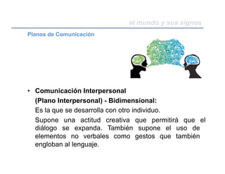 el mundo y sus signos
•  Comunicación Interpersonal
(Plano Interpersonal) - Bidimensional:
Es la que se desarrolla con otro individuo.
Supone una actitud creativa que permitirá que el
diálogo se expanda. También supone el uso de
elementos no verbales como gestos que también
engloban al lenguaje.
Planos de Comunicación
 