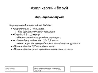 2012 Spring Ethics and Information Technology,
Lecture 3
Харилцааны тухай
Харилцааны 4 ялгаатай зай байдаг:
● •Ойр дотнын: 0 - 0,5 метр.
○ –Гэр бүлийн хүмүүсийн харилцаа
● •Хувийн: 0,5 - 1,2 метр.
○ –Ихэвчлэн найз хоорондын харилцаа ;
● •Албаны буюу нийгмийн: 1,2 - 3,7 метр.
○ –Ажил хэргийн хүмүүсийн ажил хэргийн яриа, уулзалт;
● •Олон нийтийн: 3,7 –оос дээш метр.
● •Олон нийтийн хурал, цуглааны өмнө гарч үг хэлэх
Ажил хэргийн ёс зүй
 